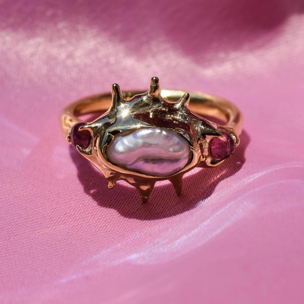 Irregular Pearl with pink tourmaline is 20k gold plated made by Annoushe Jewlery